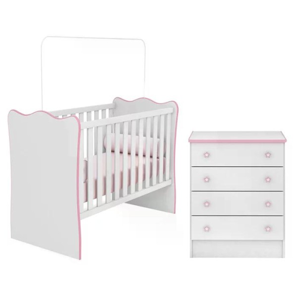 Encontraproduto.com.br - Berço Simples 1 E Comoda 777 Doce Sonho Branco Rosa Qmovi