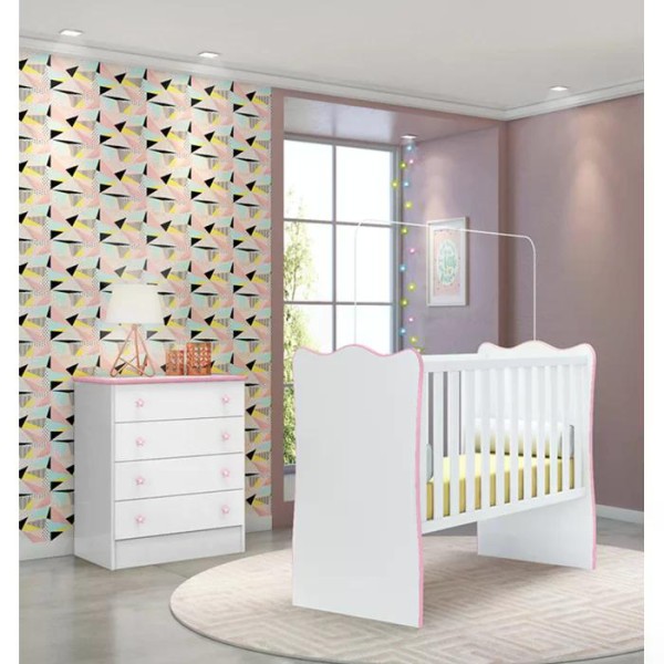 Encontraproduto.com.br - Berço Simples 1 E Comoda 777 Doce Sonho Branco Rosa Qmovi
