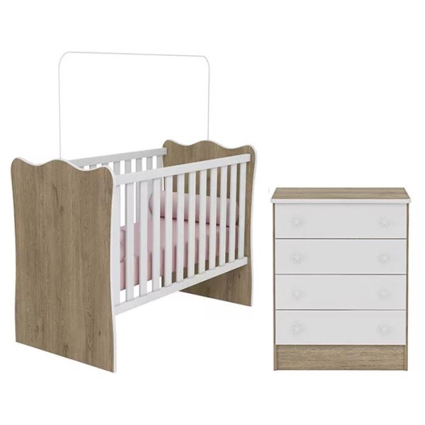 Encontraproduto.com.br - Berço Simples 1 E Comoda 777 Doce Sonho Carvalho Rustico Branco Qmovi