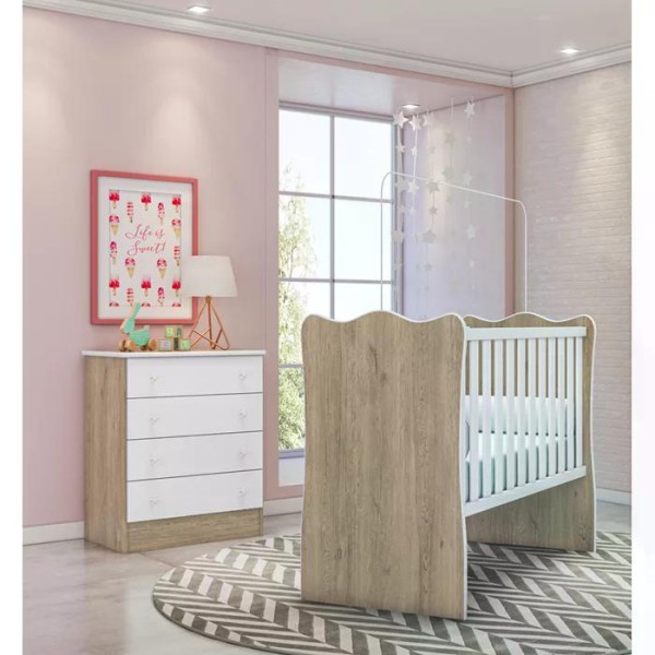 Encontraproduto.com.br - Berço Simples 1 E Comoda 777 Doce Sonho Carvalho Rustico Branco Qmovi