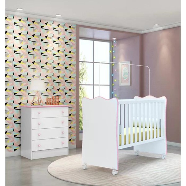 Encontraproduto.com.br - Berço Simples 1 E Comoda 777 Doce Sonho Branco Rosa Com Colchao E Rodizios Qmovi