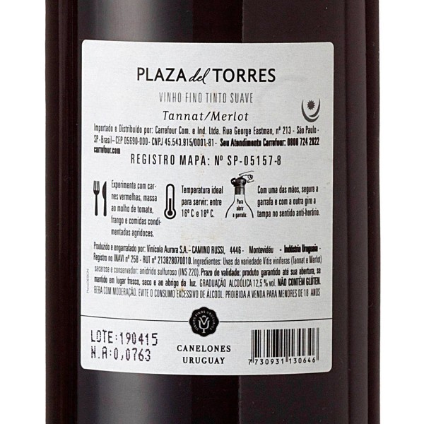 Encontraproduto.com.br - Vinho Tinto Uruguaio Tannat / Merlot Plaza del Torres - 750 ml
