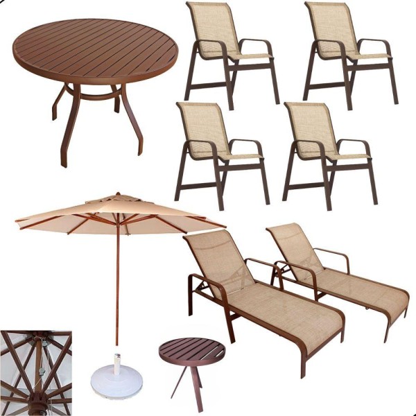 Encontraproduto.com.br - Kit 2 Chaises 1 Mesa 4 Cadeiras 1 Mesinha Ombrelone com base Marrom