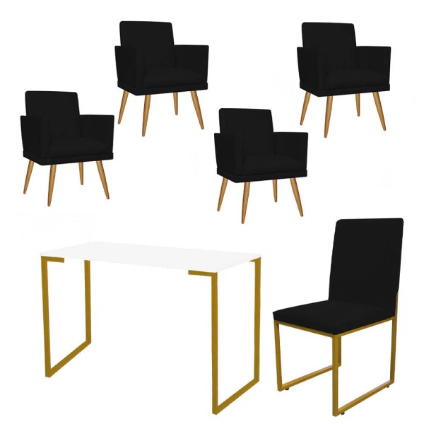Kit Escritório Stan 4 Poltronas Rodapé com Cadeira e Mesa Industrial Branco Dourado Suede Preto - Ahazzo Móveis