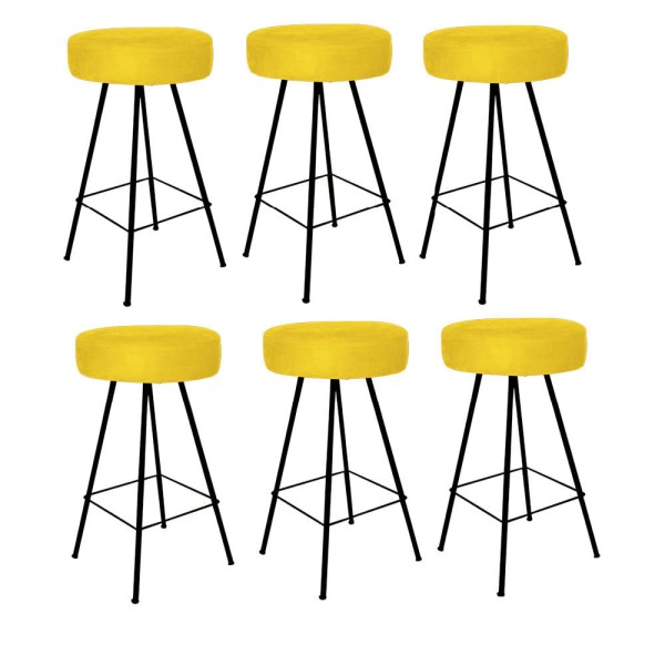Kit 06 Banqueta Alta Laisa Industrial Redonda Cozinha Bar Balcão Bistrô Ferro Preto Suede Amarelo - Ahazzo Móveis