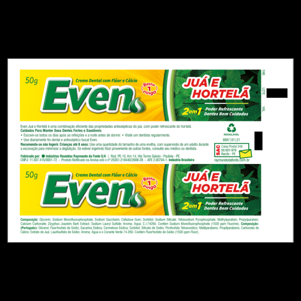 Encontraproduto.com.br - Creme Dental com Flúor e Cálcio Juá e Hortelã 2 em 1 Even Caixa 50g