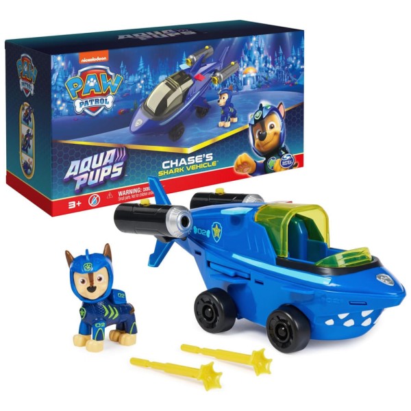 Encontraproduto.com.br - Veículo de Resgate de Tubarões do Chase com Uniforme de Mergulho Colecionável para Crianças Acima de 3 Anos, Patrulha Canina, Azul