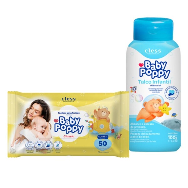 Encontraproduto.com.br - Kit Higiene Baby Poppy 2pc (Toalha Umedecida 50un + Talco 100g)