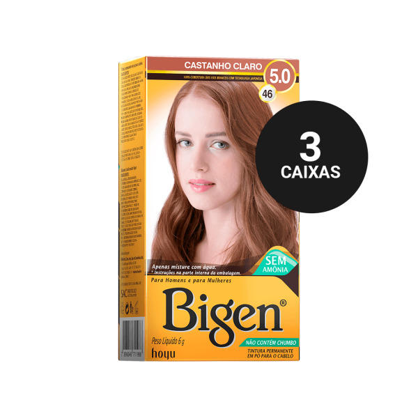 Encontraproduto.com.br - Kit Profissional Tintura Capilar à base de água Bigen 5.0 Castanho Claro 3cx