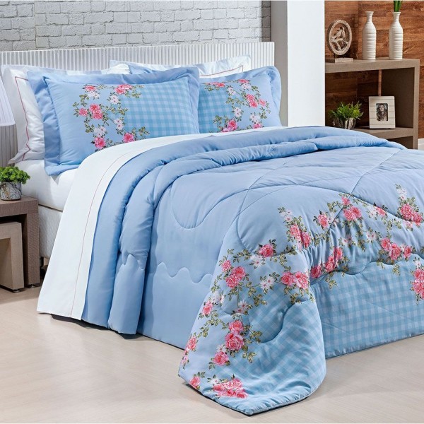 Encontraproduto.com.br - Kit Colcha Astrid Queen 200 Fios 3pçs Azul Claro Floral