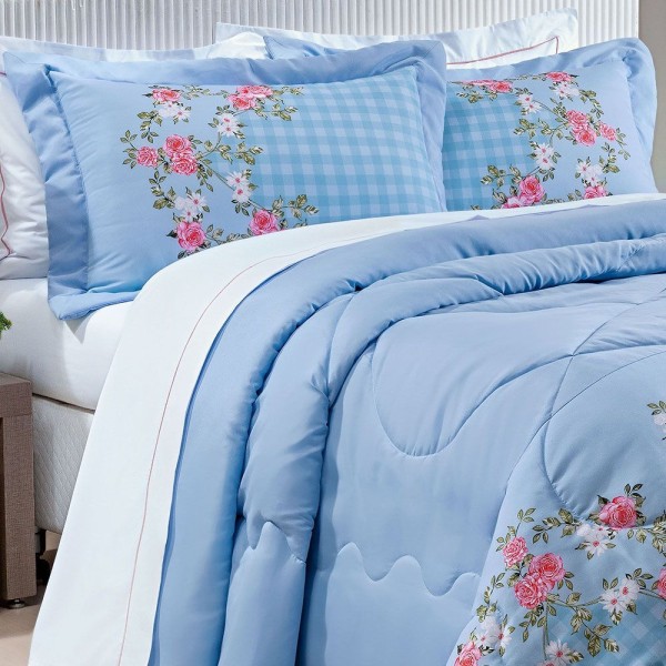 Encontraproduto.com.br - Kit Colcha Astrid King 200 Fios 3pçs Azul Claro Floral