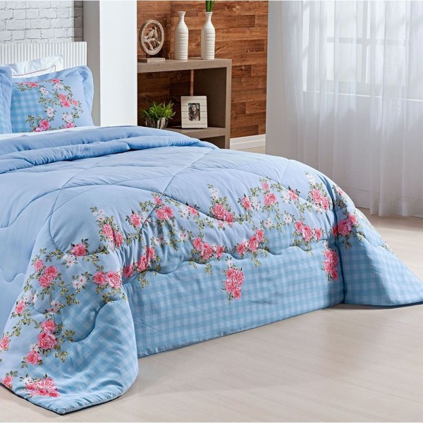Encontraproduto.com.br - Kit Colcha Astrid King 200 Fios 3pçs Azul Claro Floral