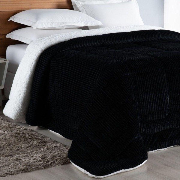 Encontraproduto.com.br - Coberdrom Cobertor Robust Queen Manta Canelada Sherpa Lã de Carneiro Pesado Grosso 1 Peça - Preto