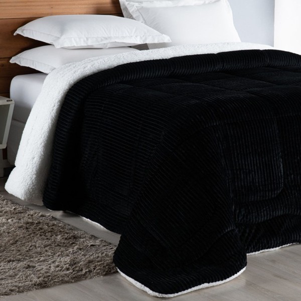 Encontraproduto.com.br - Coberdrom Cobertor Robust Queen Manta Canelada Sherpa Lã de Carneiro Pesado Grosso 1 Peça - Preto