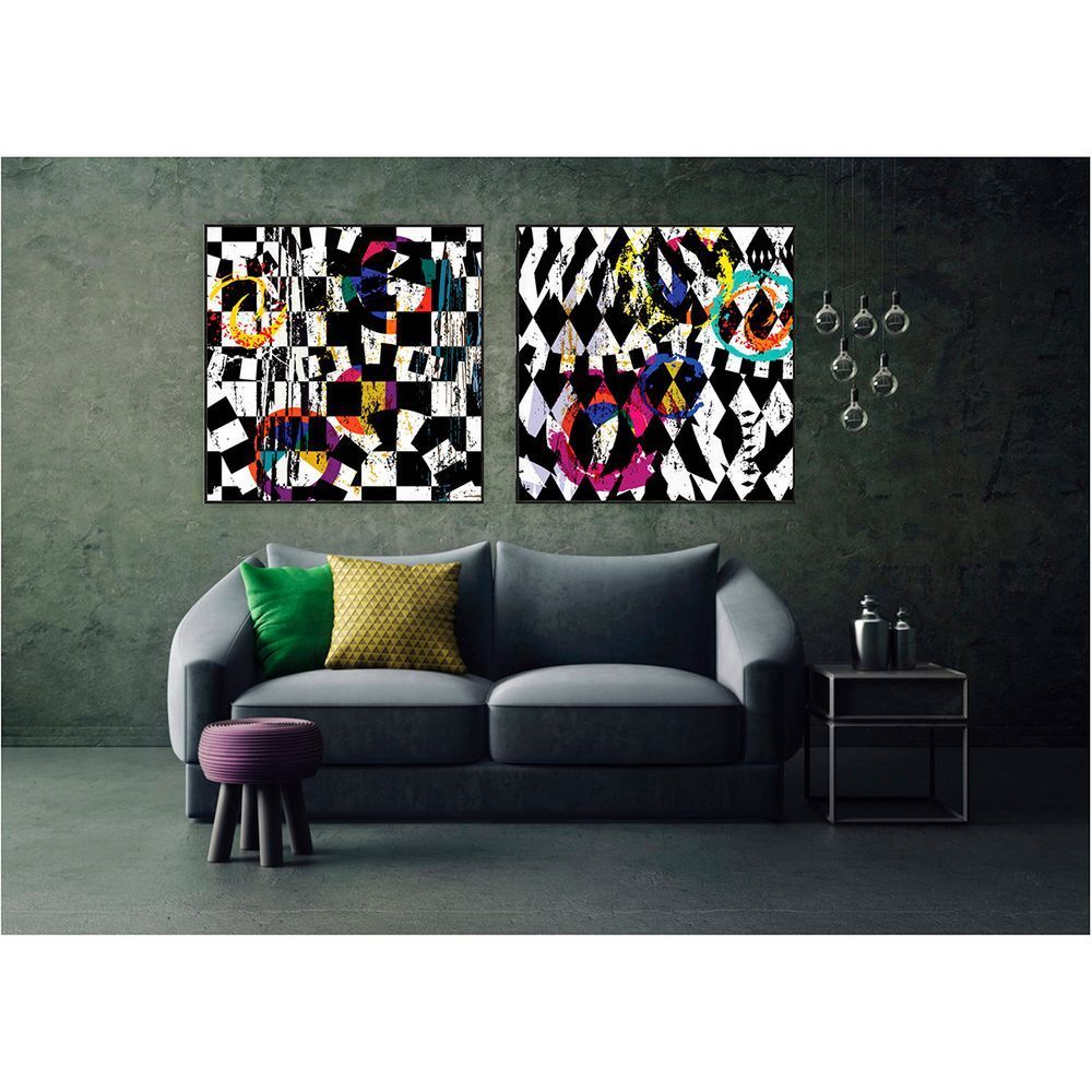 Encontraproduto.com.br - Kit Com 2 Quadros Decorativos Abstratos Com Moldura Para Sala Quarto Escritório 72x72 Abstrato 014