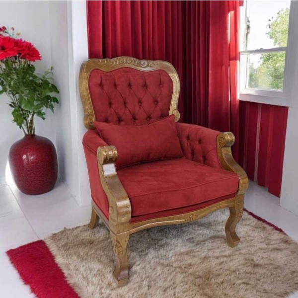 Poltrona Imperador Clássica Entalhada Madeira Maciça Suede Vermelho