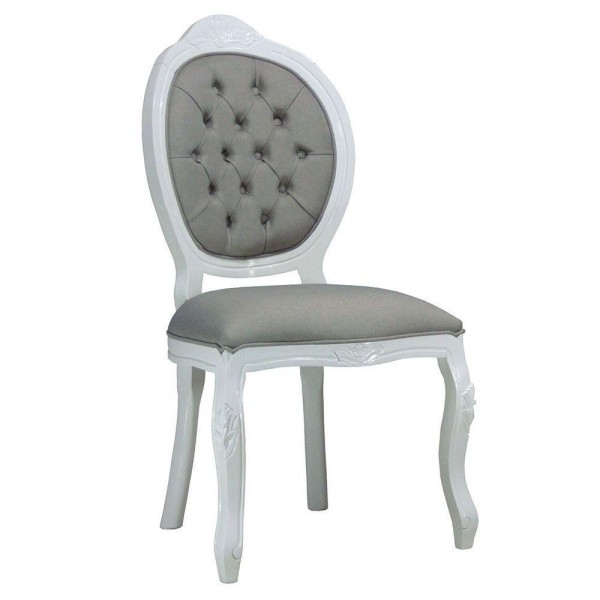Encontraproduto.com.br - Cadeira De Jantar Medalhão Entalhada Capitonê Branco E Cinza