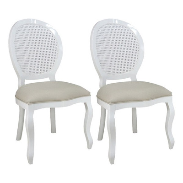 Encontraproduto.com.br - Kit 2 Cadeiras De Jantar Medalhão Com Tela Branco E Linho Bege
