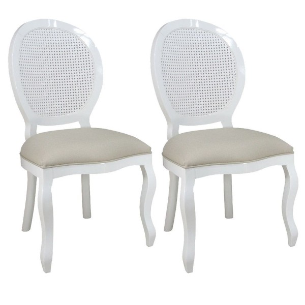 Encontraproduto.com.br - Kit 2 Cadeiras De Jantar Medalhão Com Tela Branco E Linho Bege