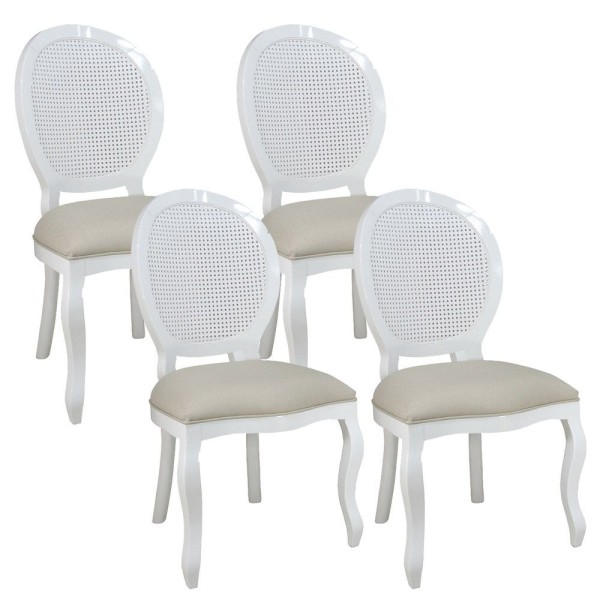 Encontraproduto.com.br - Kit 4 Cadeiras De Jantar Medalhão Com Tela Branco E Linho Bege
