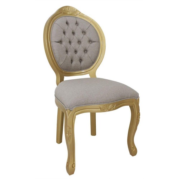 Encontraproduto.com.br - Kit 4 Cadeiras De Jantar Medalhão Entalhada Capitonê Dourado E Linho Bege