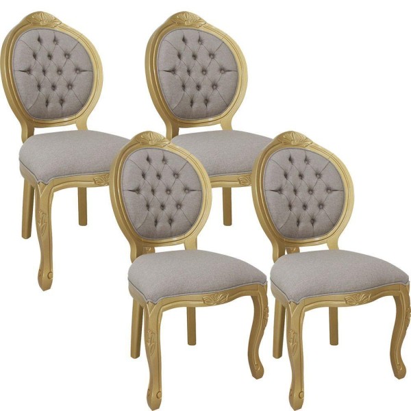 Encontraproduto.com.br - Kit 4 Cadeiras De Jantar Medalhão Entalhada Capitonê Dourado E Linho Bege