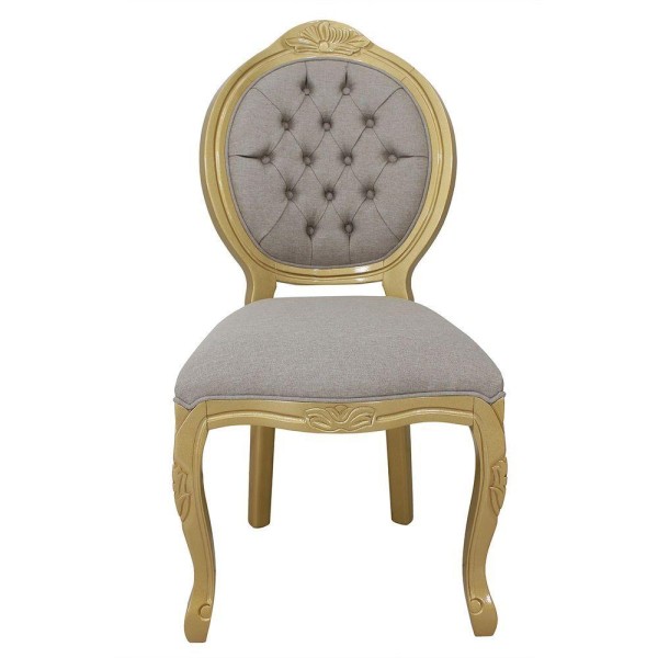 Encontraproduto.com.br - Kit 4 Cadeiras De Jantar Medalhão Entalhada Capitonê Dourado E Linho Bege