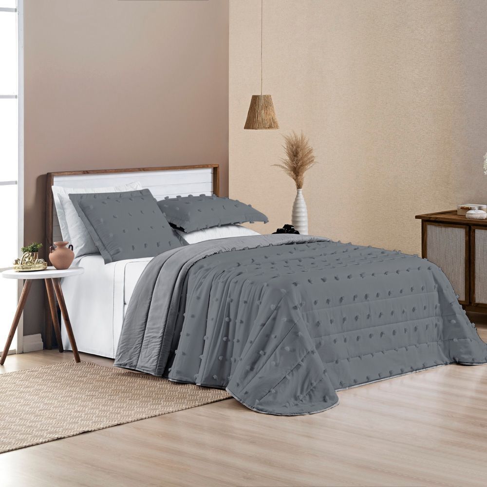 Encontraproduto.com.br - Kit Cobre Leito Colcha Alexa Pompom Queen Dupla Face Micropercal 3 Peças - Cinza