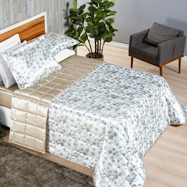 Encontraproduto.com.br - Kit Cobre Leito Colcha Vine Casal Padrão Dupla Face Cetim Estampado 3 Peças - Palha Florido