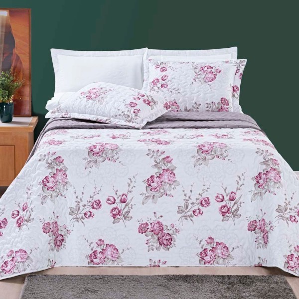 Encontraproduto.com.br - Kit Cobre Leito Colcha Celi Queen Dupla Face Micropercal 200 Fios 3 Peças - Palha Florido