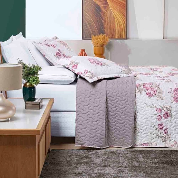 Encontraproduto.com.br - Kit Cobre Leito Colcha Celi Queen Dupla Face Micropercal 200 Fios 3 Peças - Palha Florido