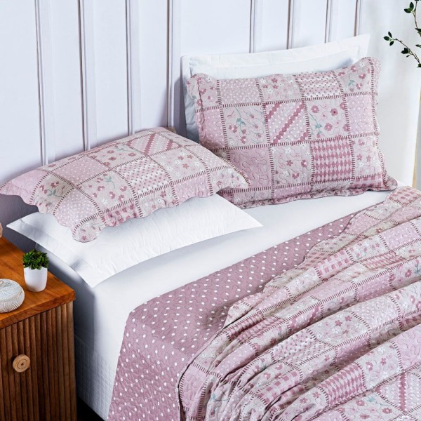 Encontraproduto.com.br - Kit Cobre Leito Colcha Allegra Casal Padrão Dupla Face 3 Peças - Alícia Patchwork Floral - Lilás