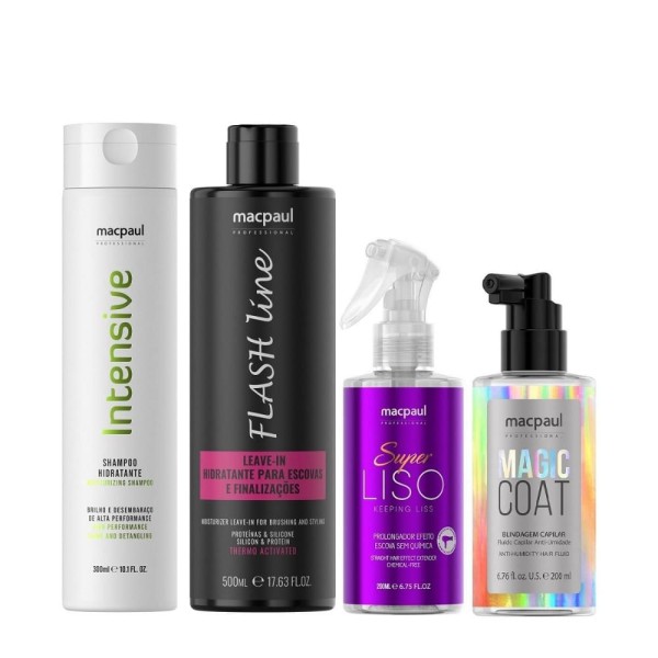 Kit MacPaul - Shampoo Intensive 300ml + Leave - In Flash Line 500ml + Super Liso 200ml + Magic Coat 200ml