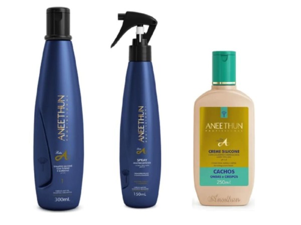 Encontraproduto.com.br - Aneethun Linha A - Kit Shampoo 300 ml + Spray Multifuncional 150ml + Creme Silicone Cachos 250 ml