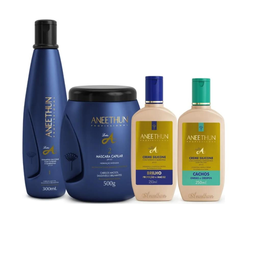Aneethun Linha A - Kit Shampoo 300 ml + Máscara 500 g + Creme Silicone 250ml + Creme Silicone Cachos 250ml