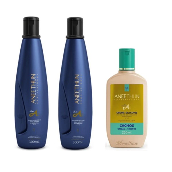 Encontraproduto.com.br - Aneethun Linha A - Kit Shampoo 300 ml (2 Un) + Creme Silicone Cachos 250 ml