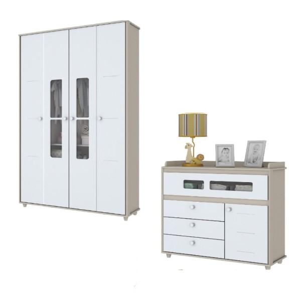 Encontraproduto.com.br - Kit Conjunto Quarto Infantil Guarda Roupa Roupeiro Organizador Cômoda Multiuso MDF Branco Marrom
