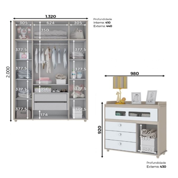 Encontraproduto.com.br - Kit Conjunto Quarto Infantil Guarda Roupa Roupeiro Organizador Cômoda Multiuso MDF Branco Marrom