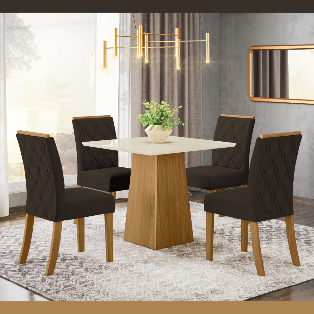 Kit Conjunto Mesa Dora 90 cm 4 Cadeiras Sala de Jantar Cozinha MDF Madeira Off White Marrom