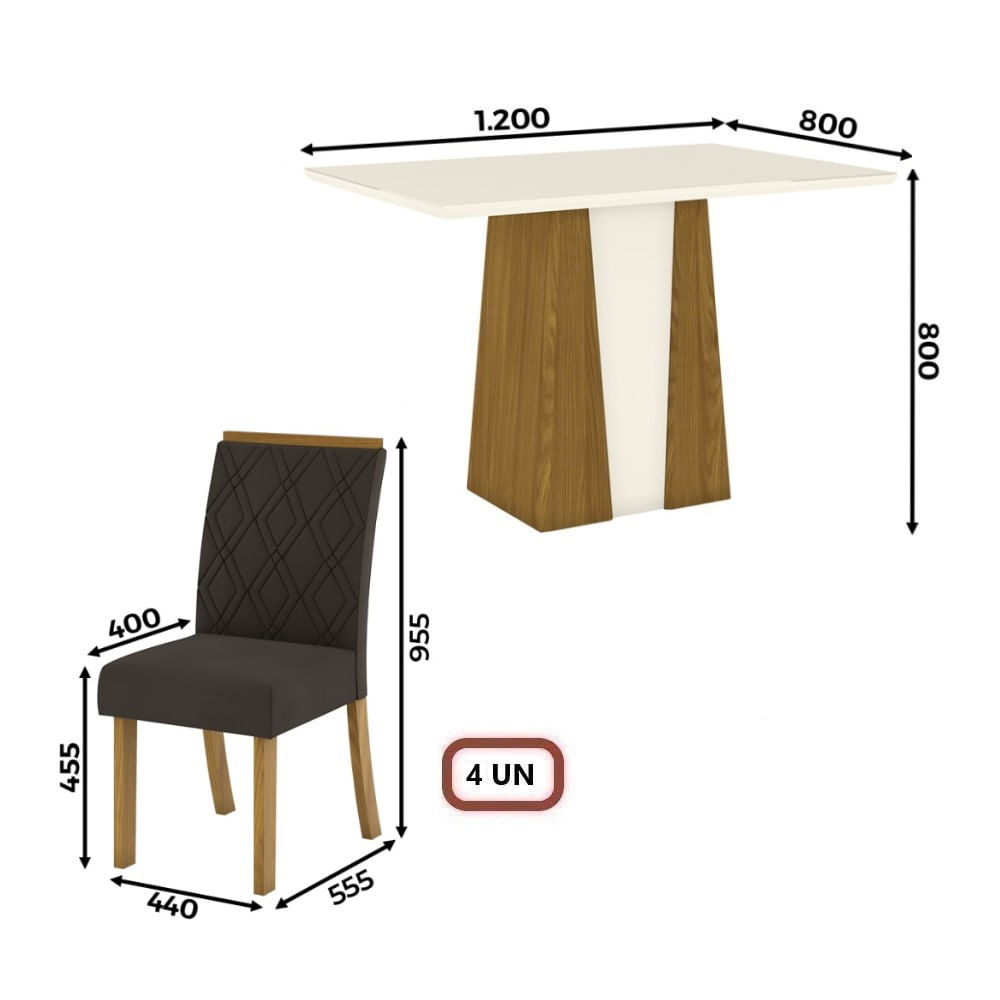 Encontraproduto.com.br - Kit Conjunto Mesa Orus 120 cm 4 Cadeiras Sala de Jantar Cozinha MDF Madeira Off White Marrom