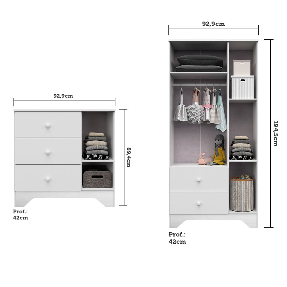 Quarto de Bebê Completo Com Guarda Roupa e Cômoda Peroba MDF Branco