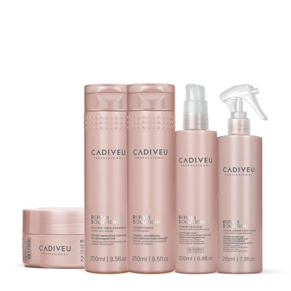 Kit Cadiveu Repair Solution Shampoo Sem Sulfato Condicionador Máscara Fluído e Proteína (5 produtos)