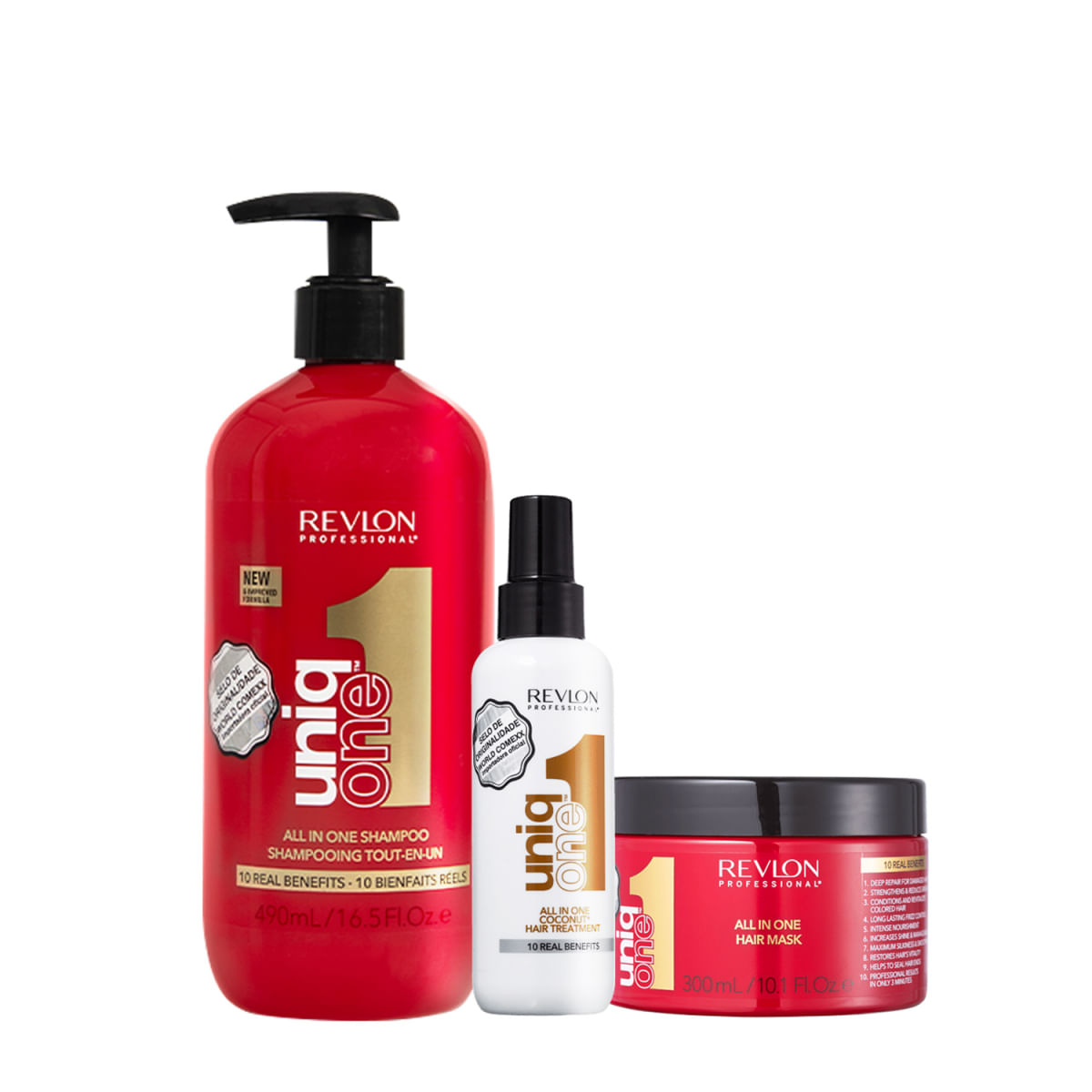 Encontraproduto.com.br - Kit Revlon Professional Uniq One Shampoo Supermask e Coconut (3 produtos)