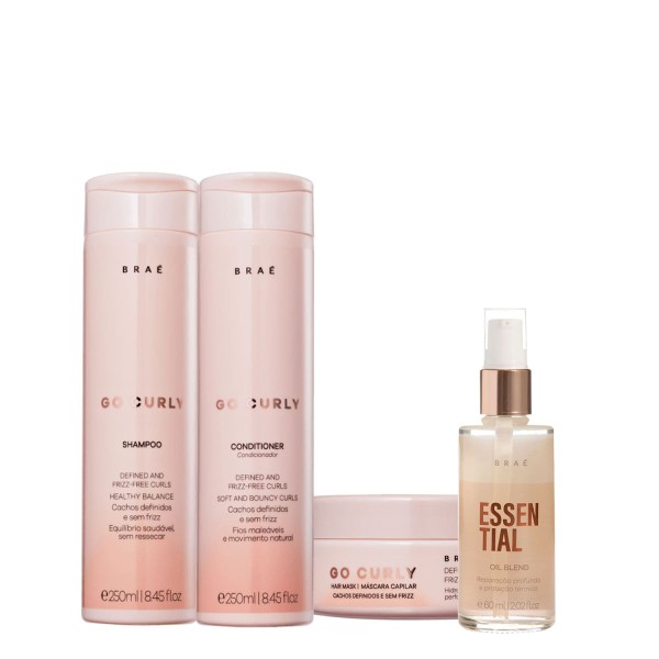 Encontraproduto.com.br - Kit Braé Go Curly Shampoo Condicionador Máscara e Essential Oil Blend (4 produtos)