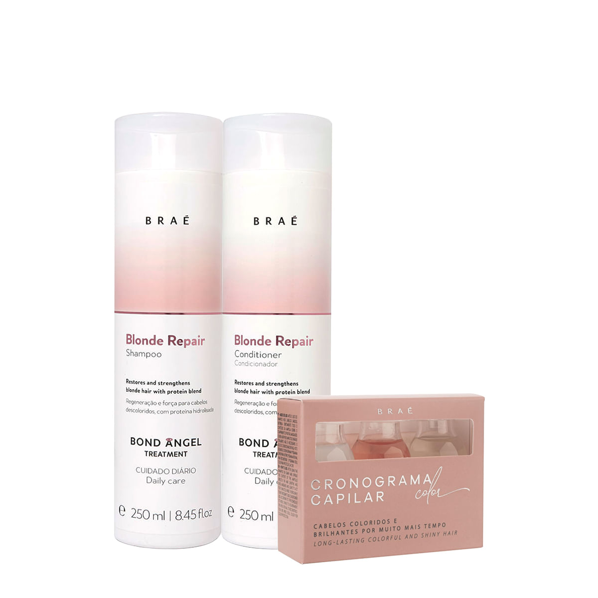 Encontraproduto.com.br - Kit Braé Blond Repair Shampoo Condicionador e Cronograma Capilar Color (3 produtos)