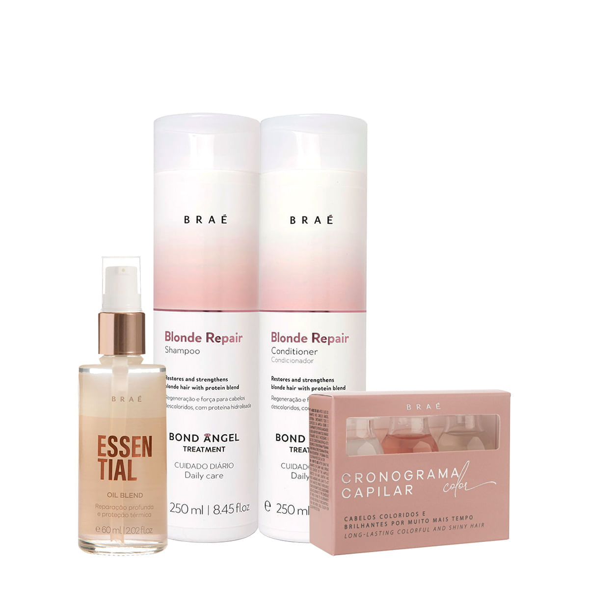Kit Braé Blond Repair Shampoo Condicionador Oil Blend e Cronograma Capilar Color (4 produtos)