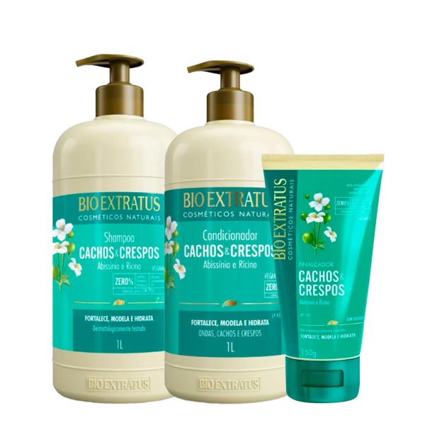 Encontraproduto.com.br - Kit Bio Extratus Cachos & Crespos Abissínia e Rícino Shampoo Condicionador e Finalizador (3 produtos)