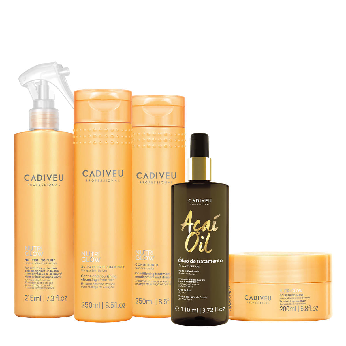 Kit Cadiveu Professional Nutri Glow Shampoo Condicionador Máscara P Fluído e Açaí Oil 110 (5 produtos)