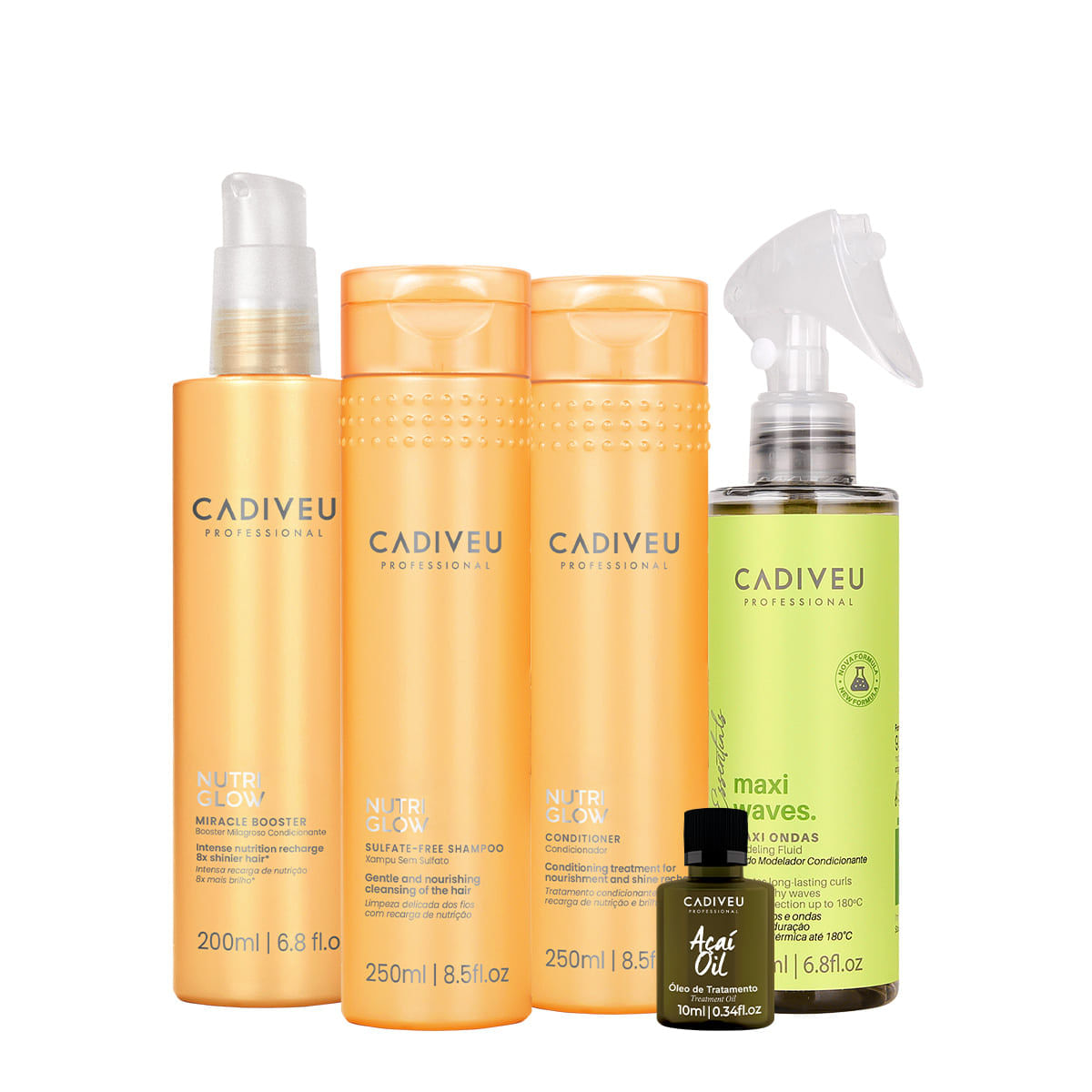 Kit Cadiveu Professional Nutri Glow Shampoo Condicionador Maxi Ondas Booster Pré Shampoo e Açaí Oil (5 produtos)