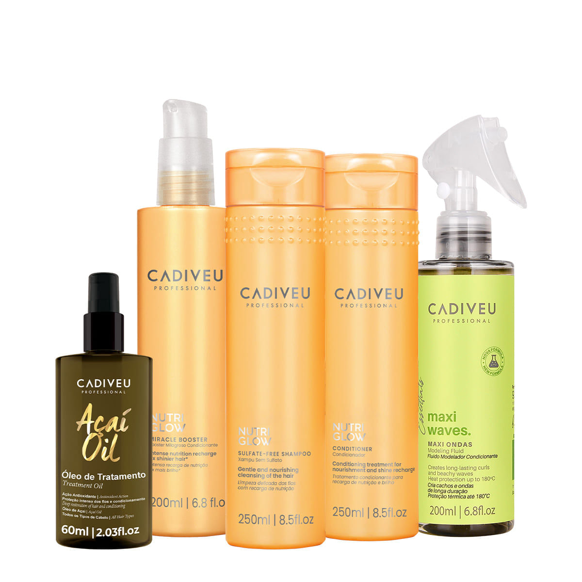 Kit Cadiveu Professional Nutri Glow Shampoo Condicionador Maxi Ondas Booster Pré Shampoo e Açaí Oil 60 (5 produtos)